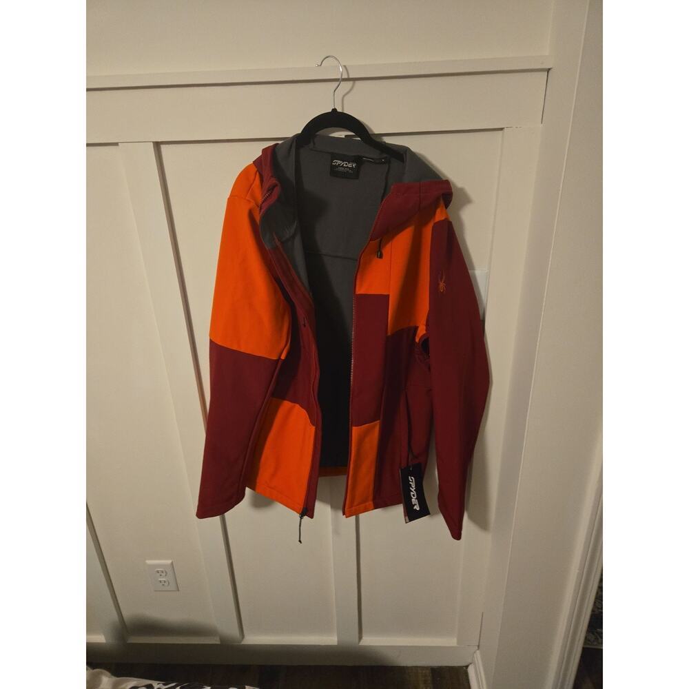 Spyder Men's Colorblock Full-Zip Hooded Softshell Jacket - Orange & Maroon - Picture 3 of 4